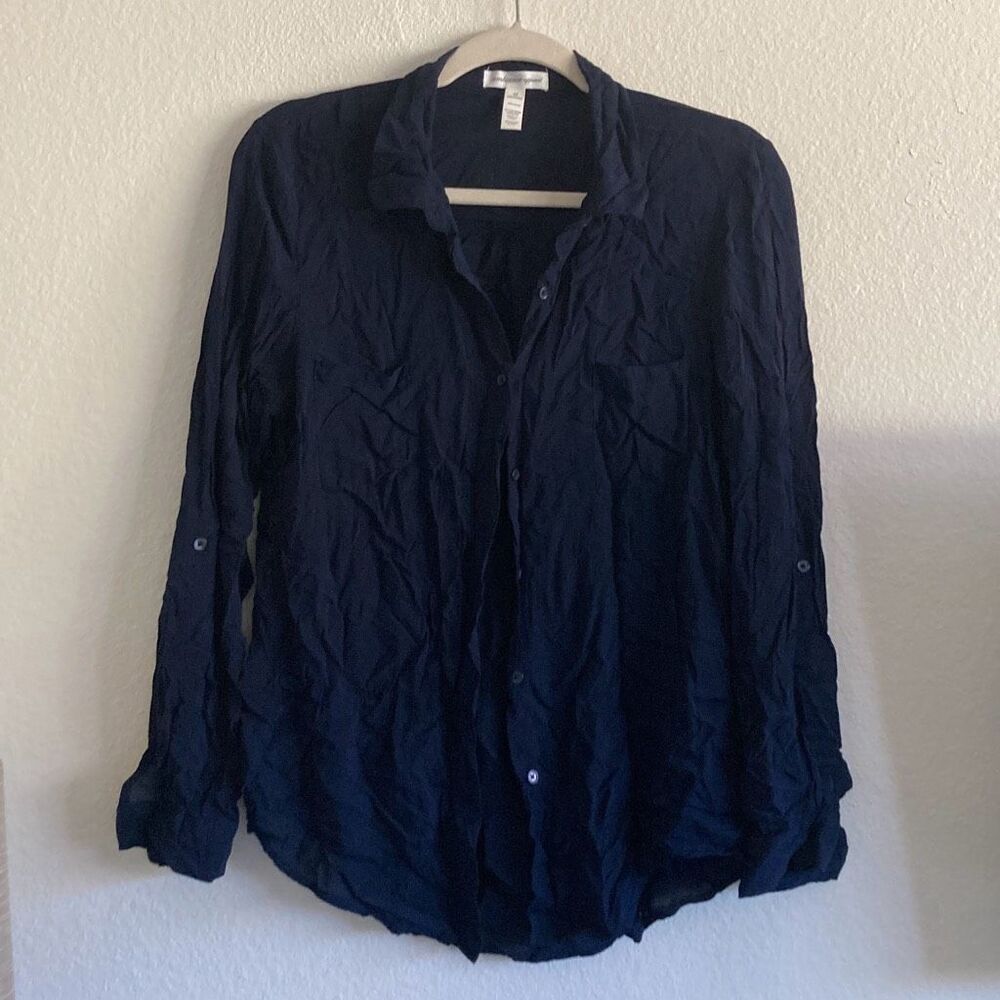 Ambiance Apparel Navy Blue Rayon Button Down Blouse Roll Tab Sleeve M